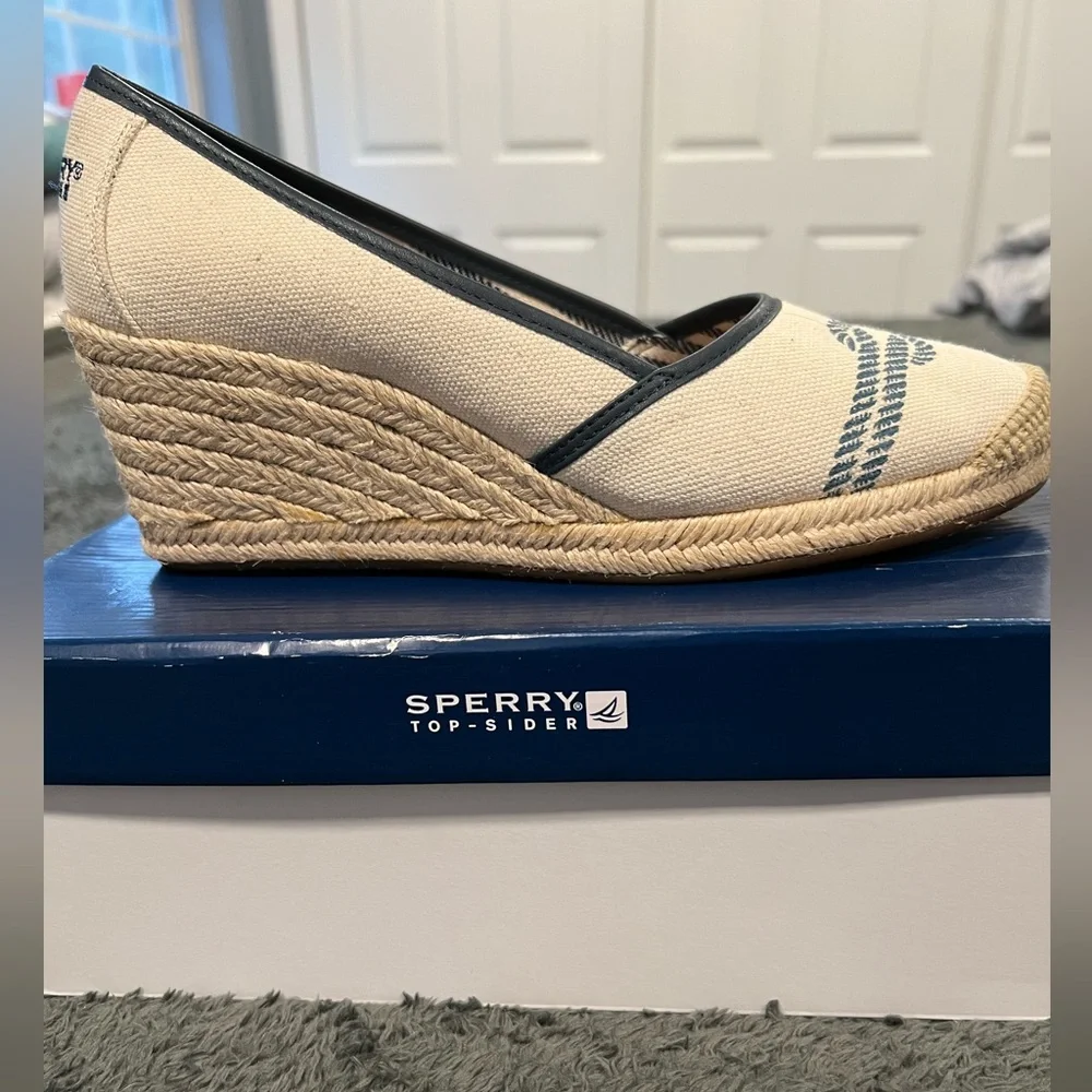 Sperry Cream Canvas Wedge Espadrilles with Navy Rope Detail